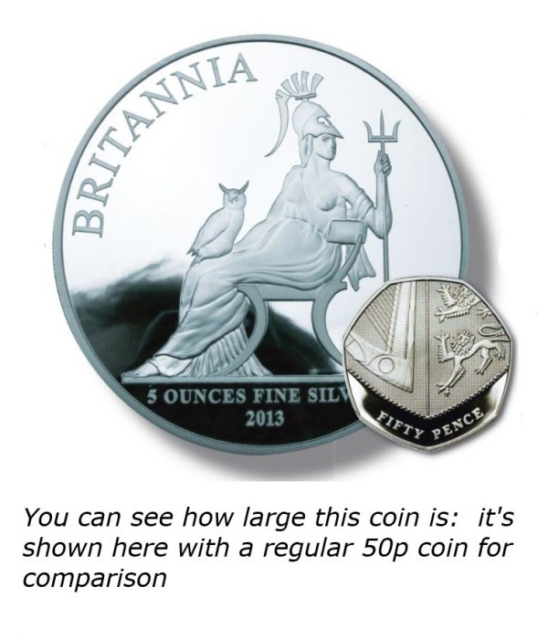The Queen Elizabeth II 2013 Silver Five Ounce Coin compared to a 50p